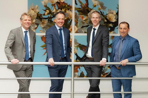 De oprichters van het Tulpenfonds: Paul Nieland (VSZ assuradeuren), Ruud van Gerwen (ActivaSZ), Roy Hageman (VSZ) en Pedro Constan Cebrian (iptiQ Life S.A).