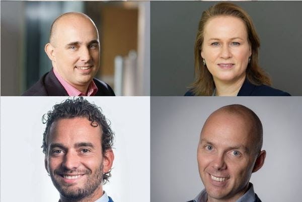 Dick Boeijen (boven links), Gisella van Vollenhoven, Daan Kleinloog (onder links) en Richard Plat.