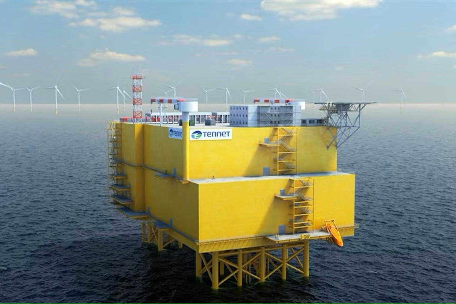 Een visualisatie van een converterstation op zee. Hier wordt opgewekte elektriciteit van windmolens verzameld en omgezet naar gelijkstroom
