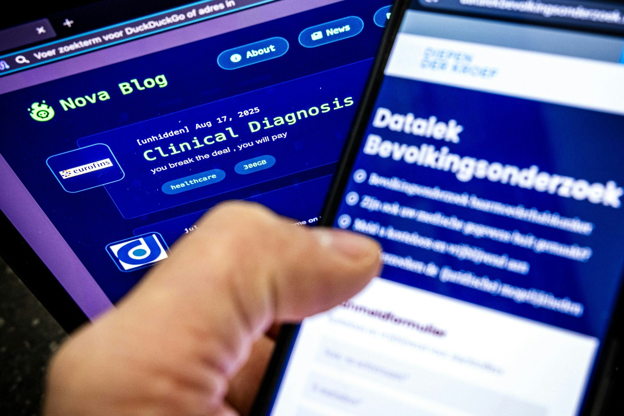 ILLUSTRATIEF - De website op het darkweb van NOVA met de gelekte gegevens van Eurofins, waaronder persoonsgegevens van het Bevolkingsonderzoek © ANP