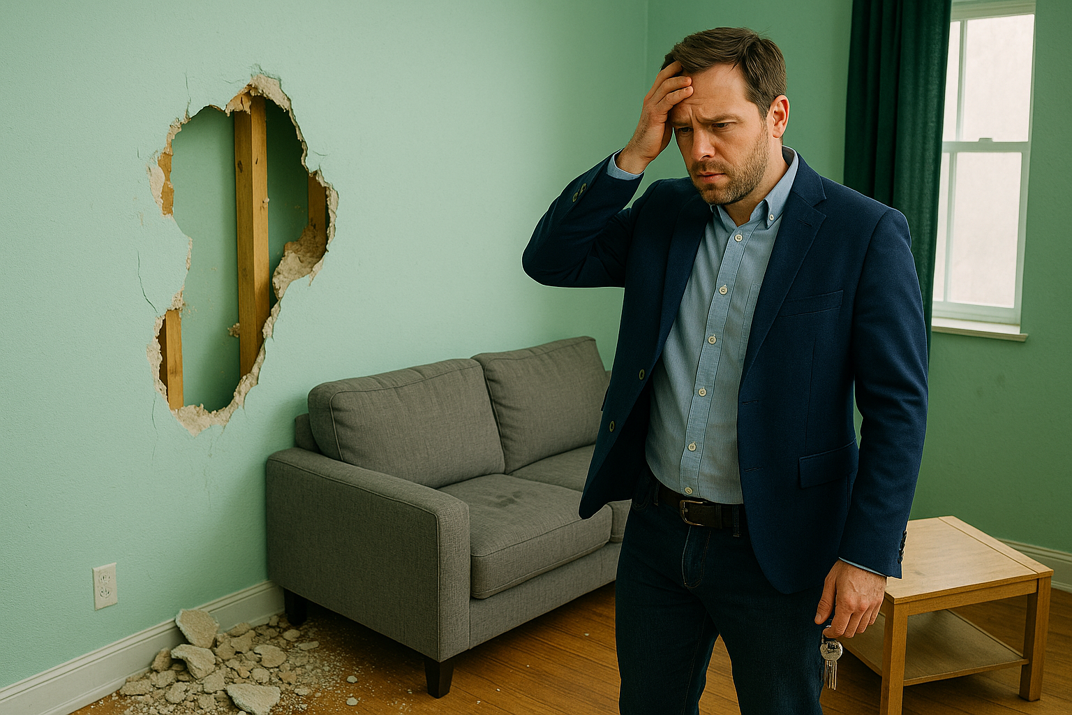 Verhuurder treft schade aan in huurwoning (Afbeelding gegenereerd met AI)