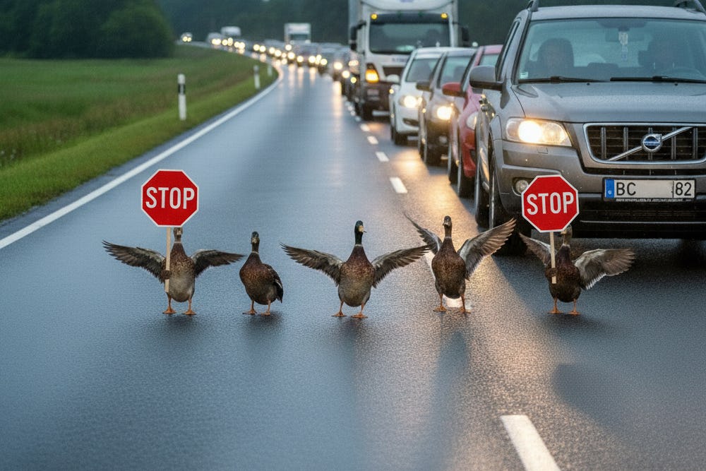 Afbeelding: eenden maken misbruik van recente uitspraak inzake het voordeel voor overstekende eenden. Gegenereerd door AI
