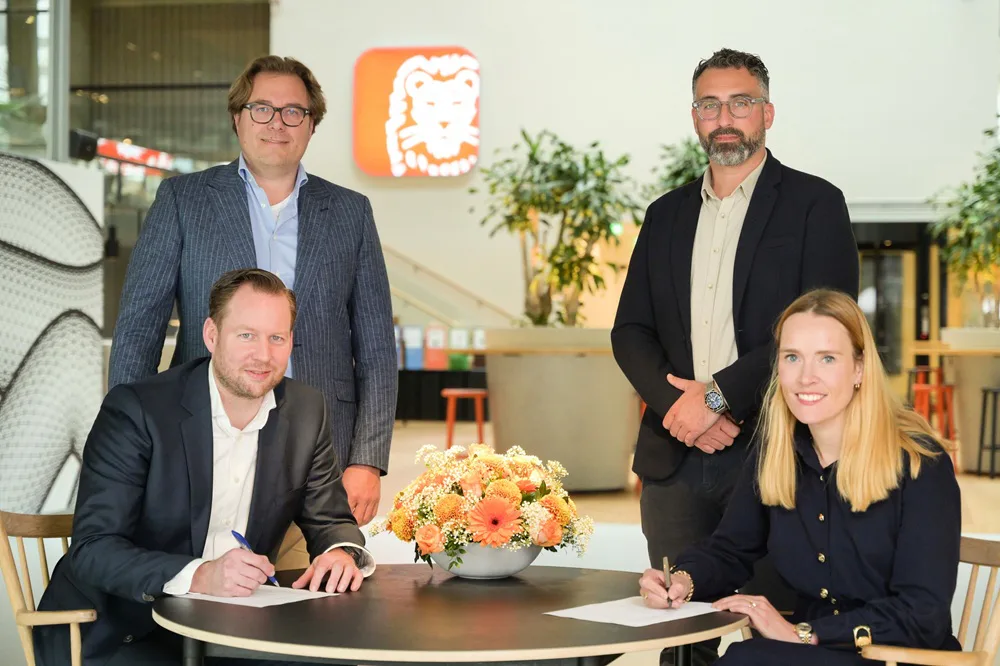 V.l.n.r.: Frank van Wessel (Head of Consumer Lending & Insurance ING NL), Pieter-Bas Vos (Head of Insurance ING NL), Cilles Boerboom (Manager ING Verzekeren NN) en Maaike van Beijsterveldt (Directeur NN Retail Schade & Zorg) | Beeld: ING