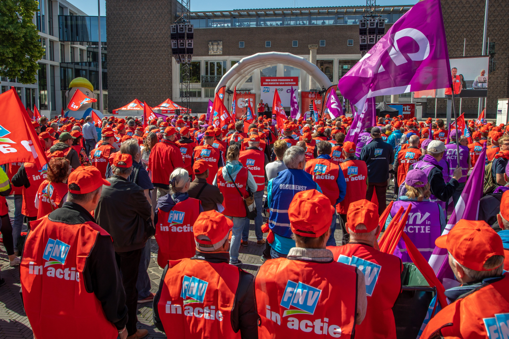 FNV-leden die in 2019 in actie kwamen tegen de verhoging van de pensioenleeftijd.  
