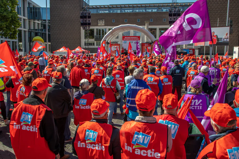 FNV-leden die in 2019 in actie kwamen tegen de verhoging van de pensioenleeftijd.